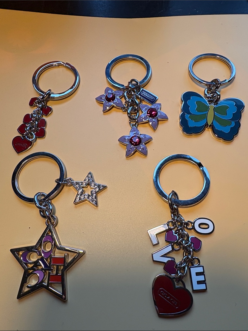 Coach Multicolor Keychain 5pc Set with Heart, Star, Flower & Butterfly Charms